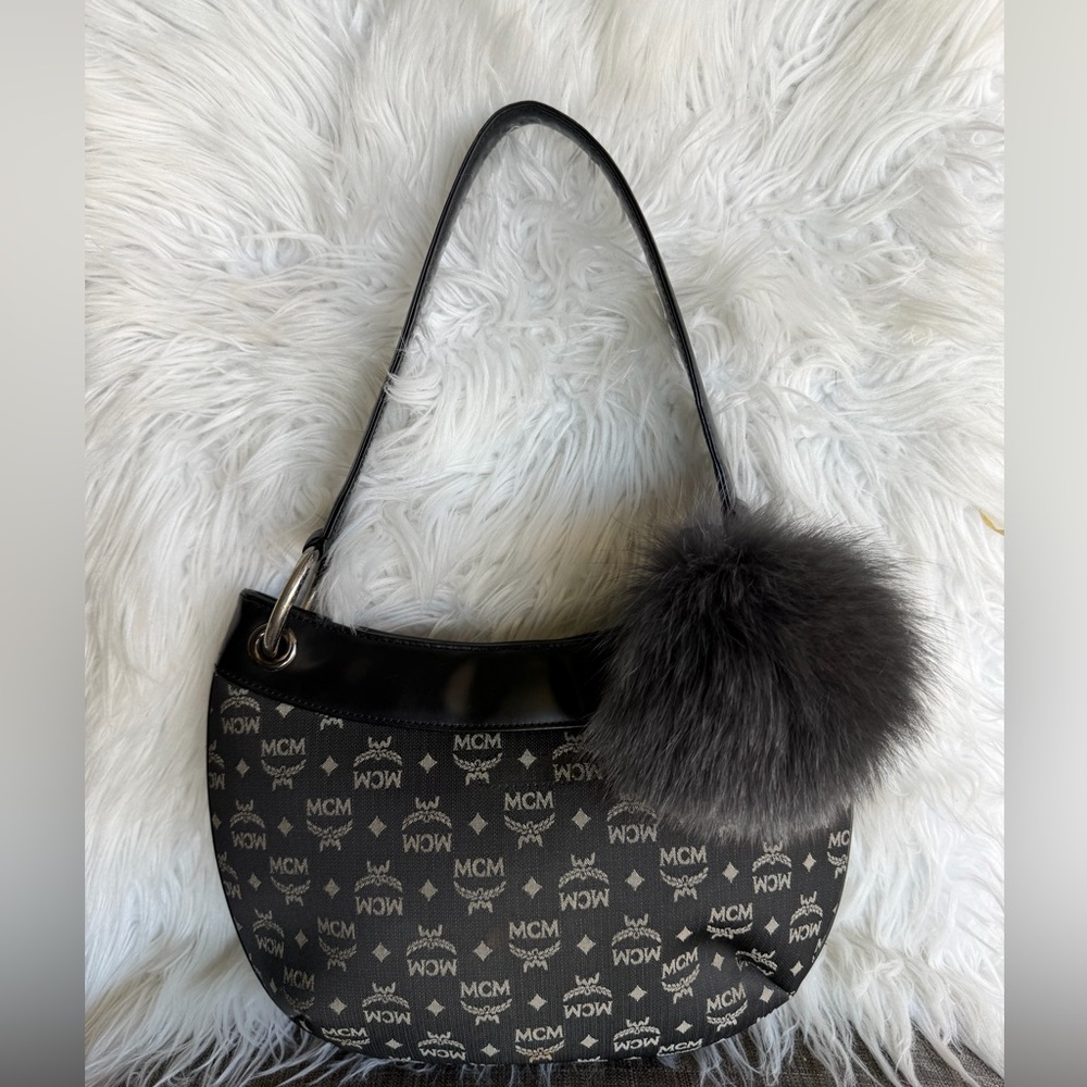 Vintage Mcm Black and Gray Logo Shoulder Bag with Fur Pom